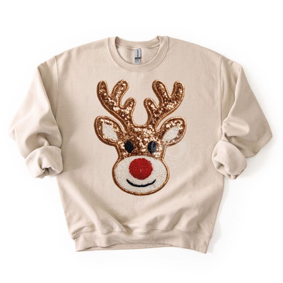 Red Nose Reindeer Sweatshirt- Faux Sequin Embroidery Christmas Crew- Printed Women's Sparkle Preppy Tee- Merry Christmas Characters Top