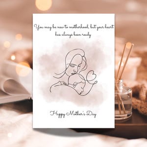 Carte pour la fête des mères nouvelle maman | Première fête des mères | Dessin au trait bébé et coeur | Carte de fête des mères modifiable