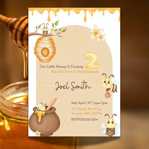 Unisex Honey Bee Birthday Invitation| Bee-day Party Invite| 2nd Birthday Bumble Bee Theme | Digital Editable Bee Invitation|Instant Download