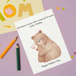 Carte de fête des mères pour enfants| Ours mignon à imprimer | Carte de téléchargement numérique pour maman | Cadeau enfant pour maman| Carte modifiable