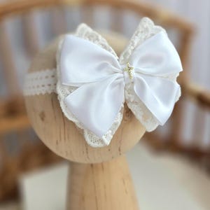 Baby Baptism Headband White Satin and Lace with Cross, White Satin Infant Headband , Headband Newborn Christening