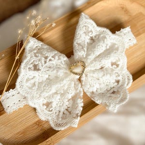Baby Baptism Headband, White with Lace Bow, Lace Elastic and Rhinestones, Christening Hairband with Lace Big Bow and Rhinestones, Baby Gift
