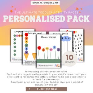 Puede incluir: Un paquete de descarga digital de 10 páginas de actividades personalizadas para niños pequeños con el nombre "George". Las páginas incluyen actividades como hacer coincidir letras, encontrar letras en una búsqueda de palabras y trazar letras. El paquete está diseñado para ayudar a los niños pequeños a aprender a reconocer y escribir su nombre.