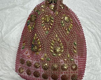 Vintage 1970s Pink Beaded Evening Bag, Gold Accents