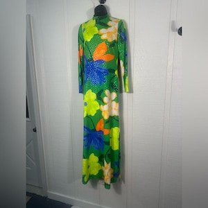 Anne Fogarty Vintage 1960s/1970s Green Floral Beaded Long Sleeve Dress No SZ EUC