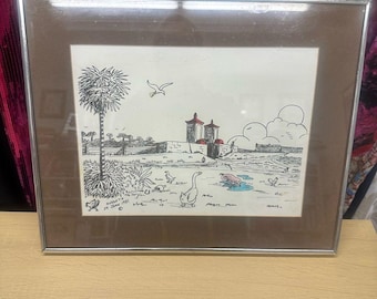 Desenho a tinta de Frank Suddeth, em cores, de uma cena rural, datado de 24 de junho de 1981. Em excelente estado de conservação.