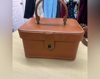 Vintage Faux Leather Brown Makeup  Train Case EUC