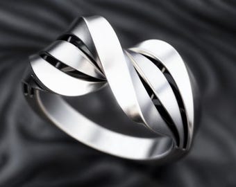Sterling Silver Twisted Ribbon Ring – Sculptural Minimalist Band, Modern Wedding Ring, Elegant Silver Statement Jewelry for Men & Women