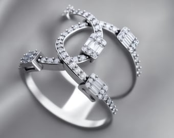 Geometric Diamond Ring, Silver Modern Band with Pave and Baguette Stones, Elegant Statement Gold Jewelry for Women, Round Zircon Ring
