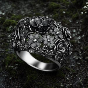 Sterling Silber Blumenstrauß Ring - Handgefertigter Statement Schmuck, Natur inspiriert Silberband, Botanischer Garten Geschenk für Sie