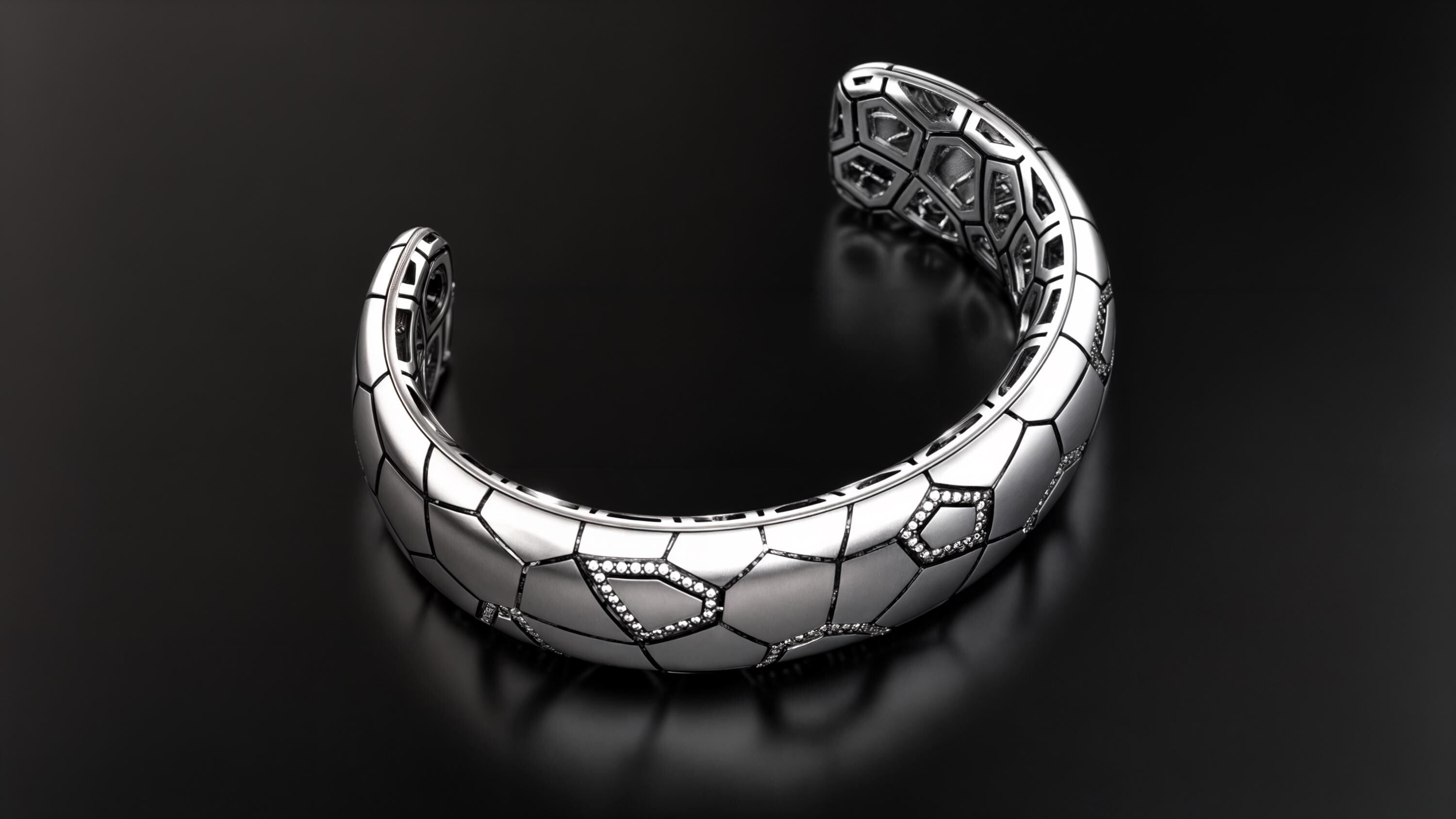 スターリングシルバーの幾何学模様のカフブレスレット：SF風ジルコン