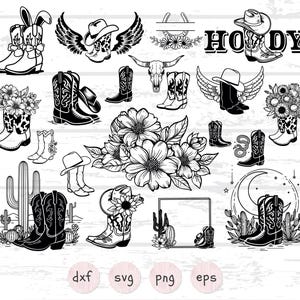 Lot de bottes de cowboy SVG | Bottes western des cliparts | Fichiers découpés de style country | Cow-girl SVG | Botte de rodéo PNG | Téléchargement numérique pour Cricut