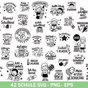 May include: Black and white school-themed SVG and PNG graphics. Includes illustrations of children, pencils, school buses, stars, and text such as "First Grade", "Welcome Back", and "Ready for School".