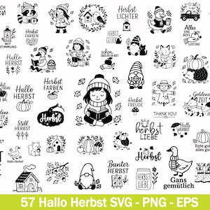 Könnte beinhalten: Schwarz-weiße digitale Illustrationen mit Herbstmotiven, darunter Kürbisse, Zwerge, Tiere und Text. Das Bild enthält den Text "57 Hallo Herbst SVG - PNG - EPS".