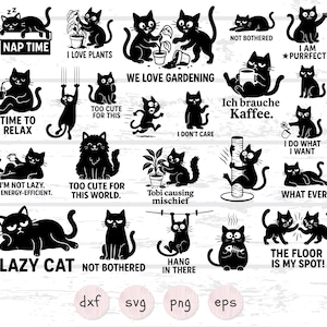 Puede incluir: Ilustraciones de gatos negros con frases como "Nap Time", "I Love Plants" y "Lazy Cat". Las imágenes son de estilo minimalista, ideales para proyectos de manualidades.