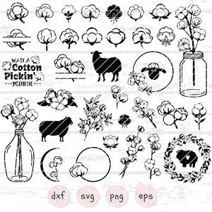 May include: Black and white digital design files for cutting machines. The design features cotton bolls, a jar, a sheep, and the text "Wait a Cotton Pickin' Minute".
