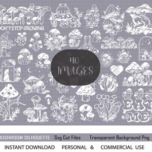 Puede incluir: Un conjunto de 40 ilustraciones de siluetas de hongos en blanco y negro. Las ilustraciones incluyen hongos de varias formas y tamaños, algunos con setas, algunos con un caracol y otros con una rana. Los textos "Don't Stop Growing" y "Eat Me" están incluidos en las ilustraciones.