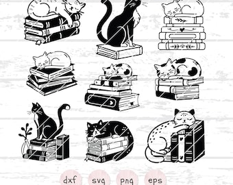 May include: Black and white digital design featuring a cat curled up on a stack of books. The design is perfect for creating a variety of crafts, such as t-shirts, mugs, tote bags, and more.