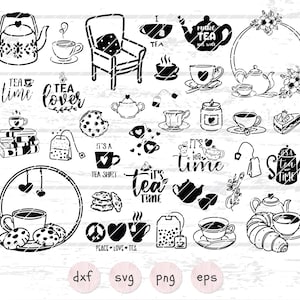 Pacote 33 Tea SVG, Arquivos Plotter Tea for Cricut, Tea lover Svg, Chá com bolo Svg, Ícones vetoriais de citações de canecas de chá, Croissants de saquinhos de chá dxf, Citação