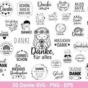 Può includere: Una collezione di grafiche in bianco e nero con la parola "Danke" (Grazie) in vari stili. Include illustrazioni di fiori, animali e bambini, insieme a frasi come "Grazie per tutto."