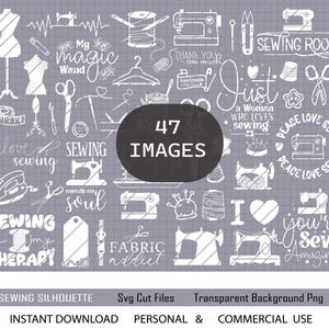 Puede incluir: Una colección de 47 imágenes blancas con temática de costura, que incluyen máquinas de coser, tijeras, carretes de hilo, agujas, botones y frases de texto como "Me encanta coser", "Coser es mi terapia" y "Solo una mujer a la que le encanta coser".