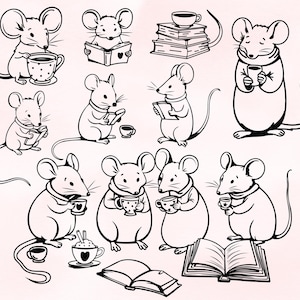 Lot de souris SVG pour une lecture confortable | Clipart amoureux du thé et des livres | Jolies souris dessinées à la main PNG pour la sublimation Cricut