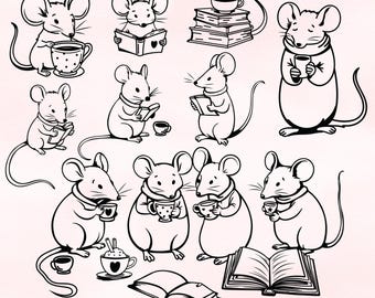 May include: Black and white line art illustration of mice reading books and drinking tea. The mice are in various poses, some sitting, some standing, and some holding books. There are also stacks of books and cups of tea in the illustration.