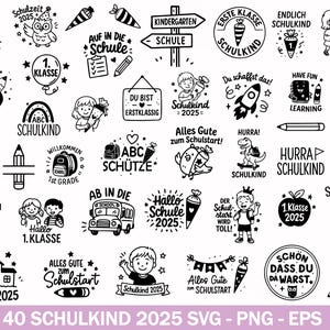 Peut inclure: Ensemble d'illustrations numériques en noir et blanc sur le thème de l'école. Comprend des images de hibou, de bus scolaire, de fusée et du texte tel que "Kindergarten" et "1st Grade".