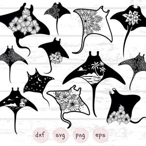 May include: A collection of black and white stingray designs. Some stingrays feature floral patterns, while others showcase intricate designs, a night sky, or a tropical beach scene. The image includes file type labels: DXF, SVG, PNG, and EPS.