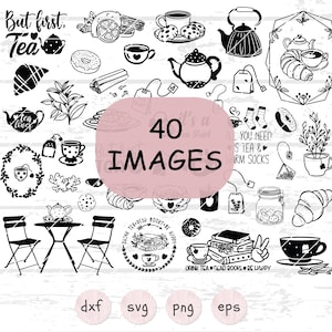 Pacote SVG de chá, arquivos de plotter de chá para Cricut, Svg para amantes de chá, Svg de chá com bolo, ícones vetoriais de citações em canecas de chá, croissants em saquinhos de chá