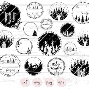 May include: A collection of black and white winter-themed digital designs. The designs include circular frames with illustrations of deer, trees, houses, and text such as "The family" and "I love Winter". Formats include DXF, SVG, PNG, and EPS.