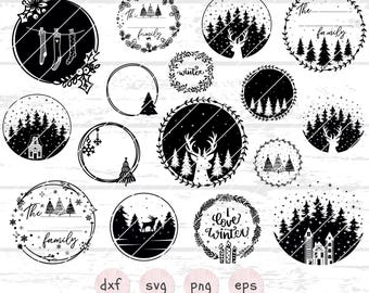 Pacote de guirlanda de círculo de Natal Svg Dxf Png, Winter round frame clipart, Frohe Weihnachten German plotter file