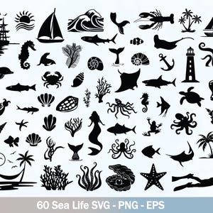 May include: A set of 60 black and white sea life SVG, PNG, and EPS files. The images include a variety of sea creatures, such as fish, seahorses, starfish, seashells, and coral. There are also images of boats, lighthouses, and palm trees.