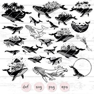 May include: A set of 15 black and white SVG cut files featuring whales with floral, mushroom, and island designs. The files are perfect for crafting projects, such as vinyl decals, iron-on transfers, and paper crafts.