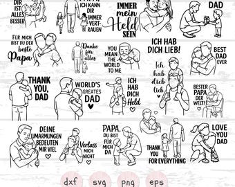 May include: A collection of black and white line art illustrations featuring fathers and children. The images include phrases like "Thank You Dad," "World's Greatest Dad," and "Love You Dad," perfect for Father's Day gifts or crafts.