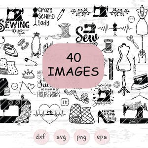 Op de afbeelding: Een digitale download in zwart-wit van 40 afbeeldingen met een naai-thema. De afbeeldingen omvatten naaimachines, scharen, spoelen garen, knopen, naalden en andere naai-benodigdheden. De tekst "40 IMAGES" staat in een roze vak in het midden van de afbeelding. De tekst "Crazy Sewing Lady" en "Sewing is my Superpower" zijn ook in de afbeelding opgenomen.