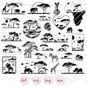 Safaridieren SVG-bundel, giraffe SVG, olifant, RhinoSvg, Lion King Tree SVG, dierentuinbemanning en dierensilhouet, safari-clipart voor ambachten