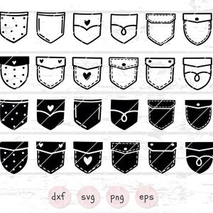 Puede incluir: Una colección de veinticuatro diseños de bolsillos en blanco y negro. Los bolsillos presentan varios elementos decorativos, incluyendo corazones, puntos y costuras. La imagen también incluye cuatro círculos rosas con el texto "dxf", "svg", "png" y "eps".