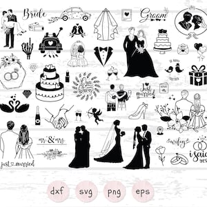 Puede incluir: Conjunto de clipart de boda en blanco y negro con varias ilustraciones que incluyen una novia y un novio, anillos de boda, cisnes, un pastel, un ramo, un esmoquin, un velo, un corazón, un pájaro, una caja de regalo, un zapato, un vestido y las palabras "Just Married", "Our Story", "wifey" e "I said yes".