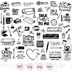 Puede incluir: Una descarga digital en blanco y negro de 20 archivos de corte SVG para manualidades. Los archivos incluyen varias frases de manualidades, herramientas y suministros. El texto incluye "Craft Queen", "Crafty Mum", "Crafting is my therapy", "Talk Crafty to Me", "Get Crafty", "Crafty Feminist", "Craft King", "Handcrafted with Love", "I can totally make that", and "Eat Sleep Craft Repeat".