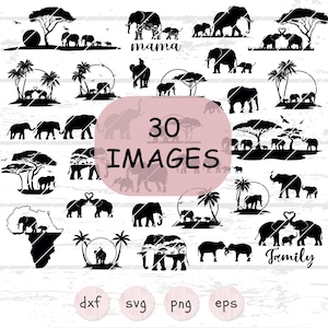 May include: A set of 30 black and white silhouette images of elephants in various poses, including families, couples, and single elephants. The images are ideal for crafting, scrapbooking, and other creative projects. The text "30 IMAGES" is displayed in a pink circle in the centre of the image.