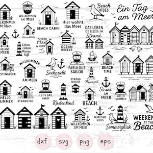 May include: A selection of black and white beach-themed illustrations, featuring beach huts, seagulls, anchors, and nautical phrases such as "Beach Vibes" and "Hello Summer." Ideal for craft projects.