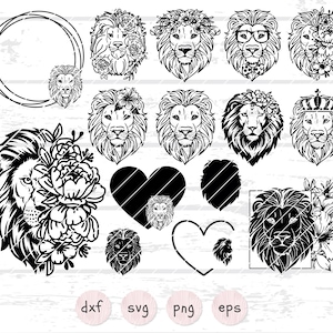 15 個のライオンヘッド SVG バンドル、花柄ライオン SVG、ライオン クリップアート、Cricut 用キングライオン シルエット
