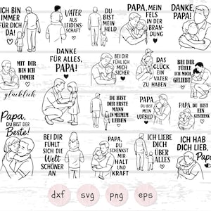 Könnte beinhalten: Eine Sammlung von Schwarz-Weiß-Strichzeichnungen, die Väter und Kinder zeigen. Die Bilder zeigen verschiedene Szenen der Zuneigung, mit deutschem Text, der Liebe und Wertschätzung für Väter ausdrückt. Enthält DXF-, SVG-, PNG- und EPS-Dateiformate.