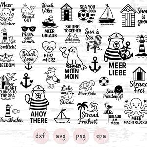 Könnte beinhalten: Eine Sammlung von schwarz-weißen Illustrationen zum Thema Meer, darunter ein Segelboot, ein Leuchtturm und verschiedene Meeresbewohner. Texte wie "Beach Vibes" und "Sea You Soon" sind enthalten. Geeignet für Bastelprojekte.