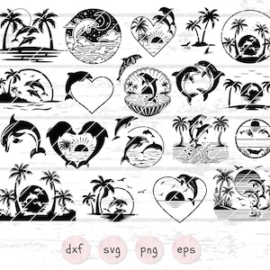 Dauphin SVG Bundle, océan Silhouette Clipart, plage tropicale coucher de soleil PNG, vie marine couper fichier, animal marin Cricut Design, sublimation numérique