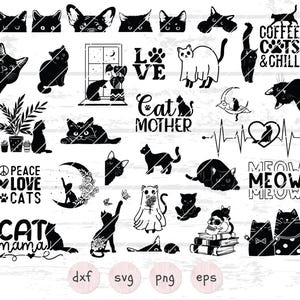 30 graziosi pacchetti SVG di gatti / Clipart di miagolio e citazioni di mamme di gatti / Silhouette di gattini stravaganti PNG per Cricut Sublimation