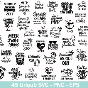 Könnte beinhalten: Sammlung von 45 Sommer-Designs im SVG-, PNG- und EPS-Format. Enthält Sätze wie "Chase the Sun", "Good Vibes" und "Beach Please" sowie Strand- und Reise-Grafiken. Ideal zum Basteln.