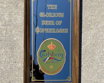 Espejo vintage de cerveza Carlsberg de los años 70, espejo de bar artístico de 67 cm de alto x 37 cm de ancho - ideal para la cueva del hombre o la decoración del bar.