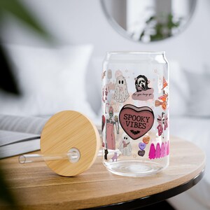 Pink Spooky Halloween Sipper Glass- Ghosts, Bats, Boo Vibes- Reusable Tumbler with Lid Straw -Cute Goth Aesthetic Cup 16 oz